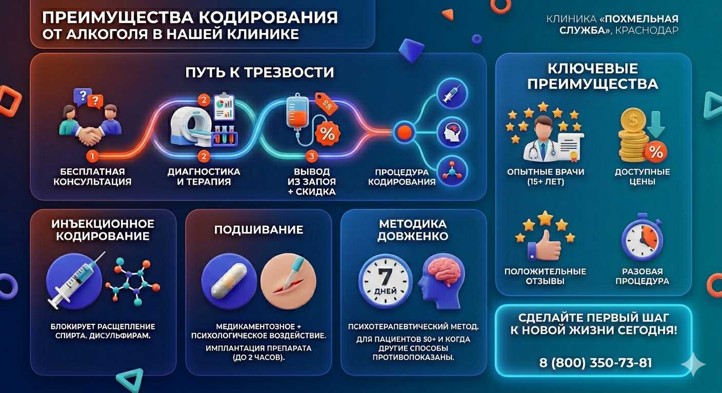 Инфографика о методах кодирования от алкоголя в Бору: инъекции, подшивание, метод Довженко. Преимущества клиники и этапы лечения.